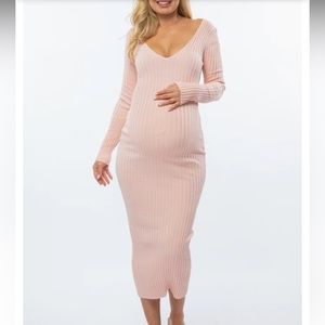 Pinkblush - Pink V-Neck Long Sleeve Fitted Maternity Maxi Dress